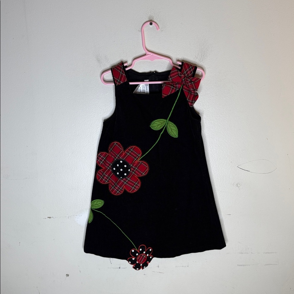 Bonnie Jean Black Dress with Red Plaid Flower Accents Corduroy Size 5